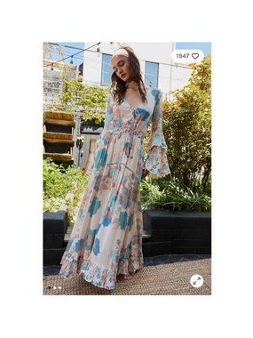 Free People Penny Floral Bodysuit Maxi Dress - Cream, Blue & Pink